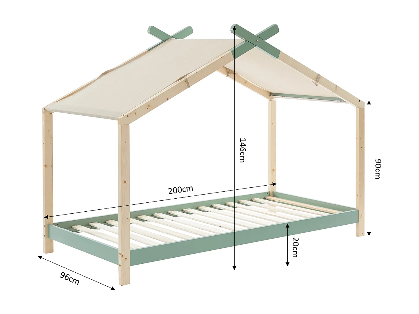 Lit cabane 90x190 en pin massif vert avec sommier - Charly