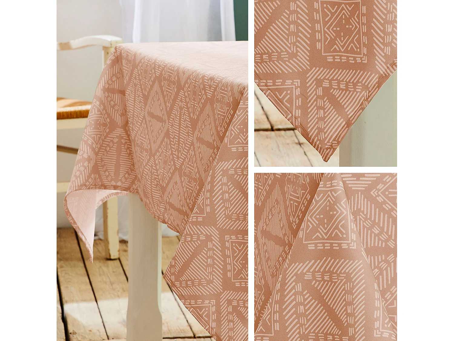 Nappe rectangle 150x300 cm imprimée 100% polyester BOHO géométrique marron sienne