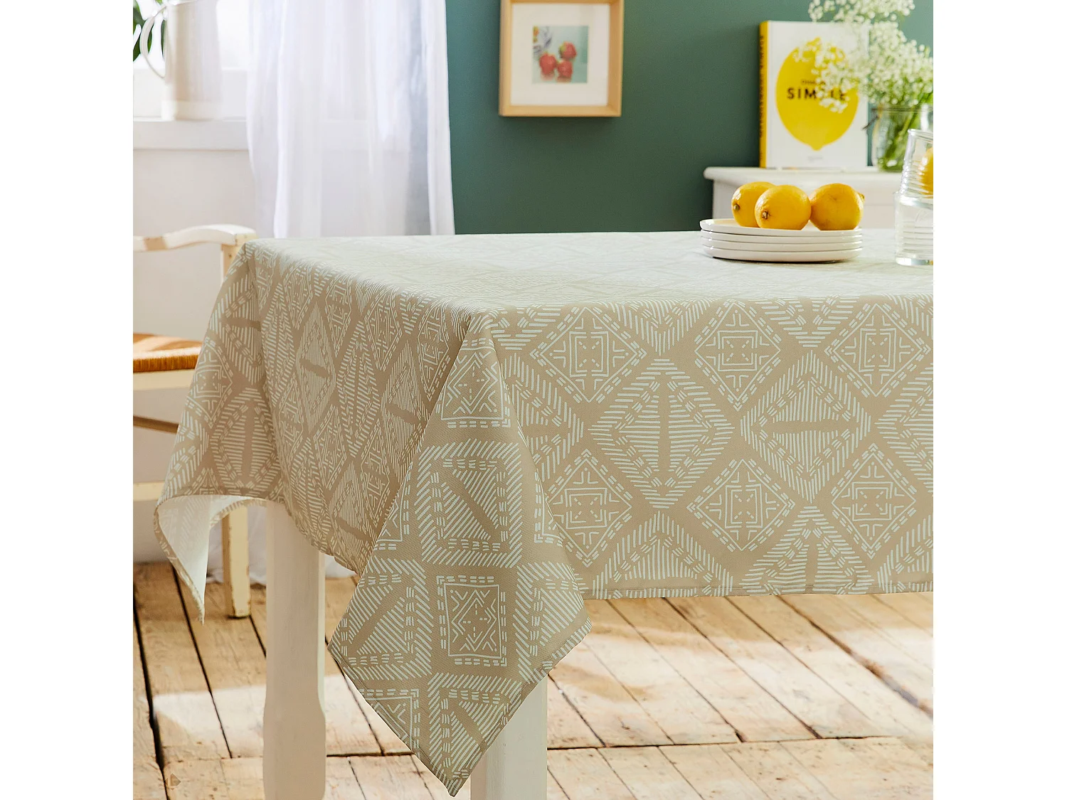 Nappe rectangle 150x300 cm imprimée 100% polyester BOHO géométrique beige ficelle
