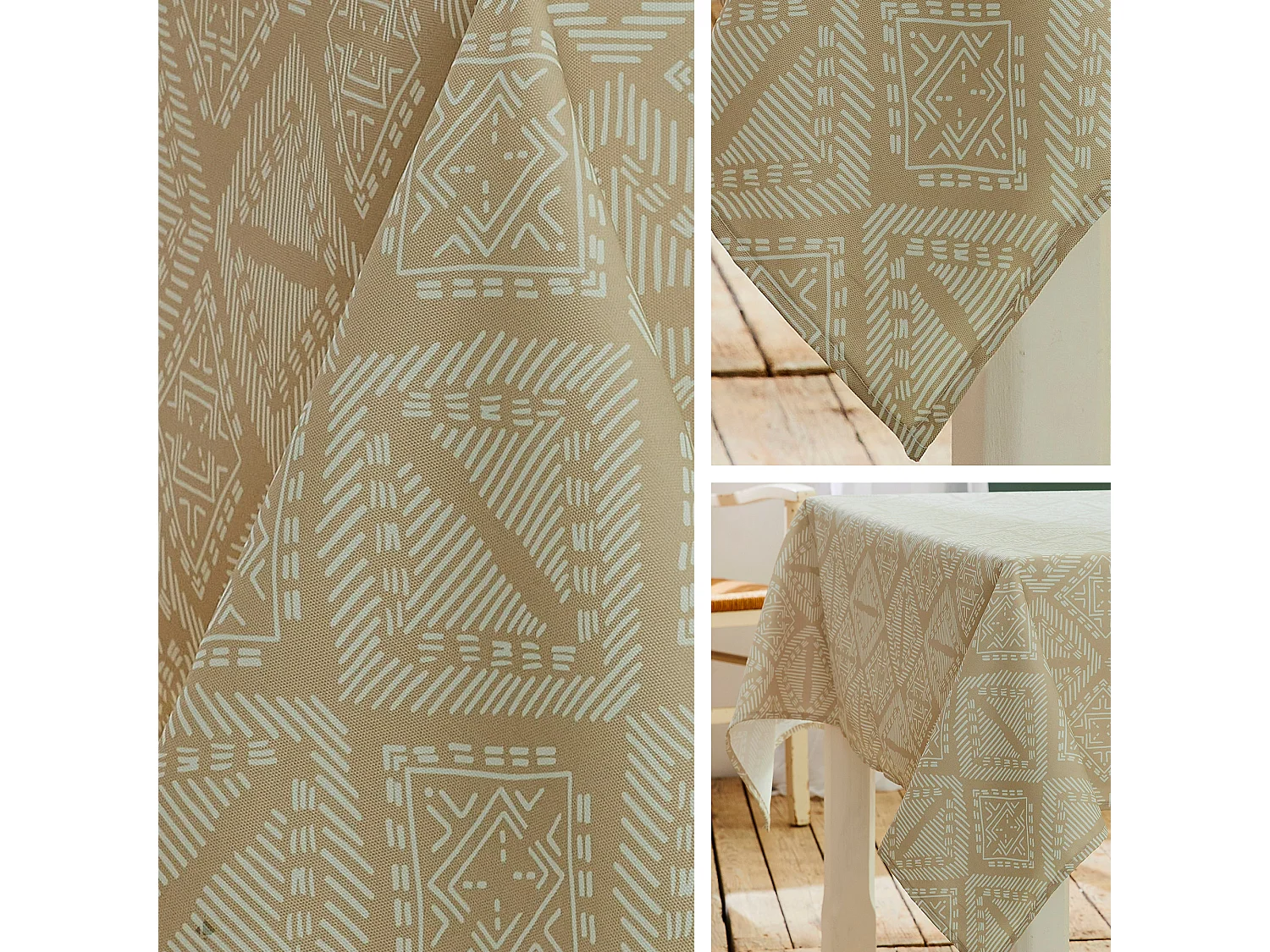 Nappe rectangle 150x350 cm imprimée 100% polyester BOHO géométrique beige ficelle