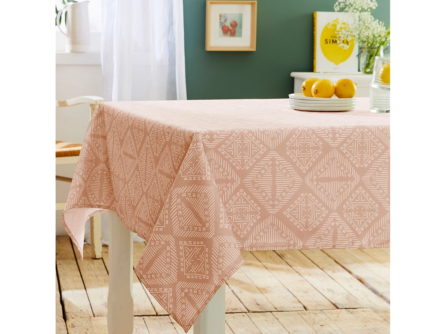 Nappe rectangle 150x250 cm imprimée 100% polyester BOHO géométrique marron sienne