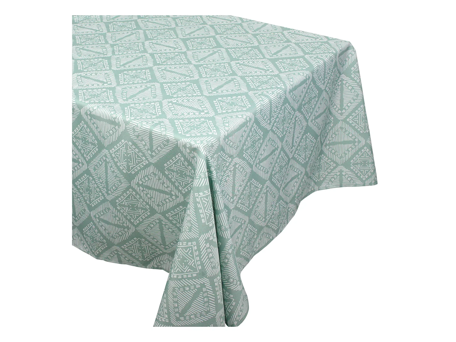 Nappe carrée 170x170 cm imprimée 100% polyester BOHO géométrique vert sauge