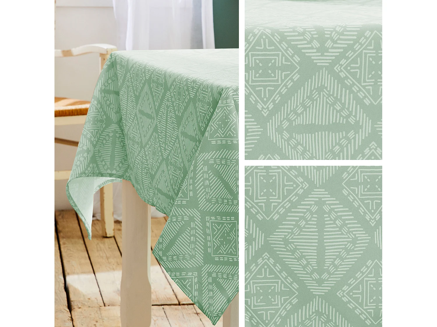 Nappe rectangle 150x350 cm imprimée 100% polyester BOHO géométrique vert sauge