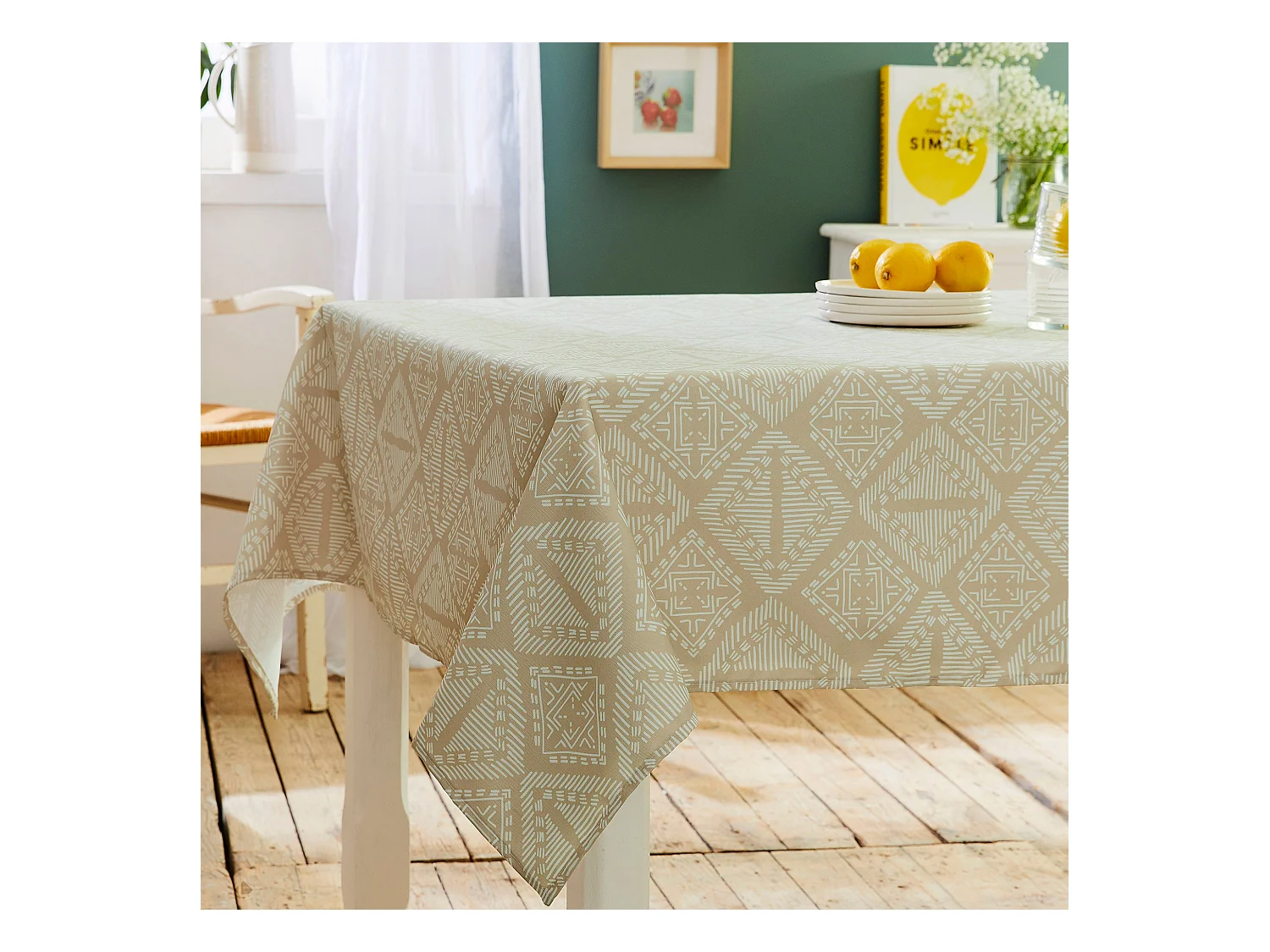 Nappe ronde 180 cm imprimée 100% polyester BOHO géométrique beige ficelle