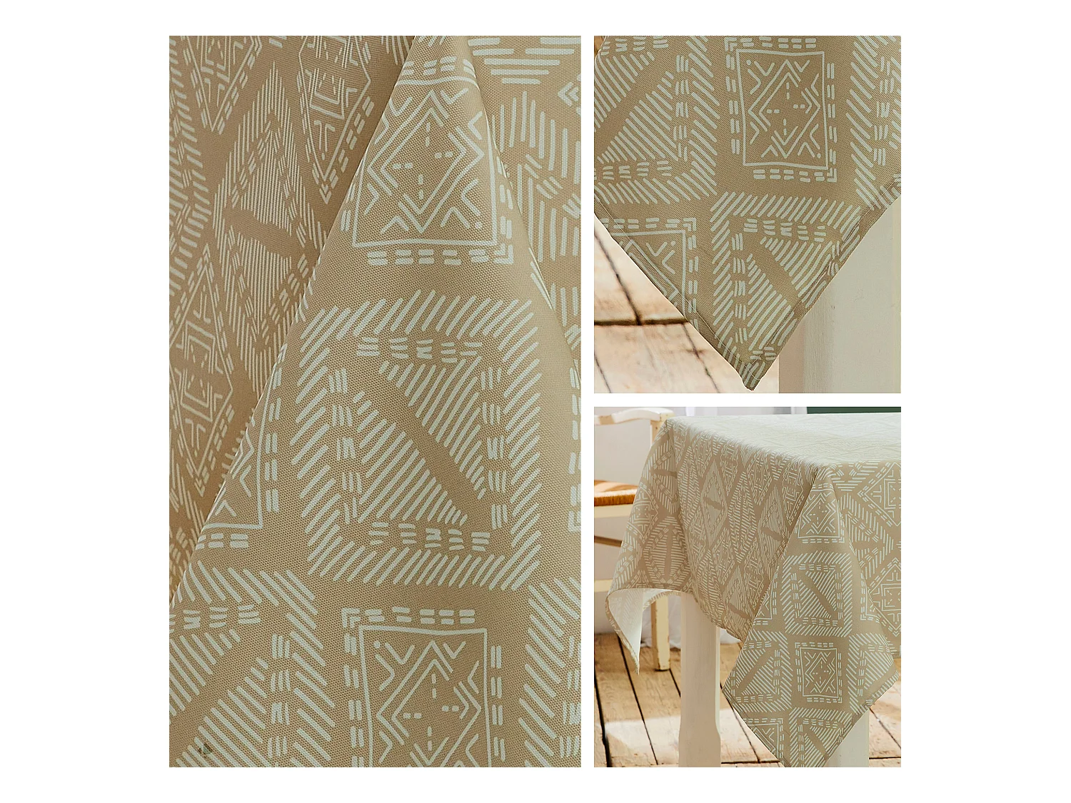 Nappe ronde 180 cm imprimée 100% polyester BOHO géométrique beige ficelle