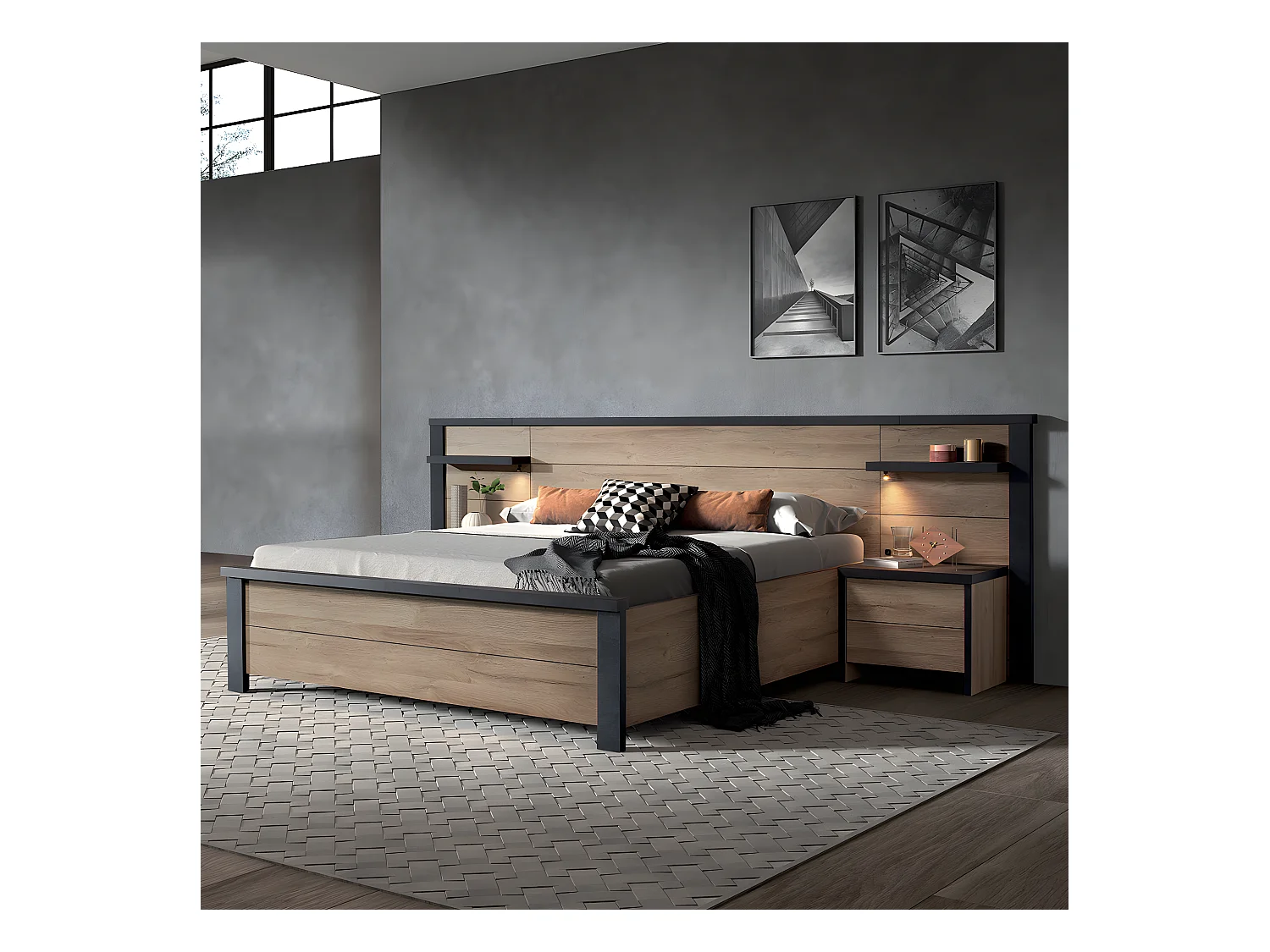 SIWA - Chevet 1 Porte Effet Bois et Beton Ciré