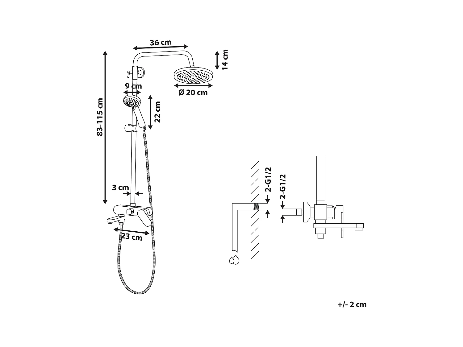 Praktisches Duschsystem silber mit Kopf und Handbrause Messing Gurara