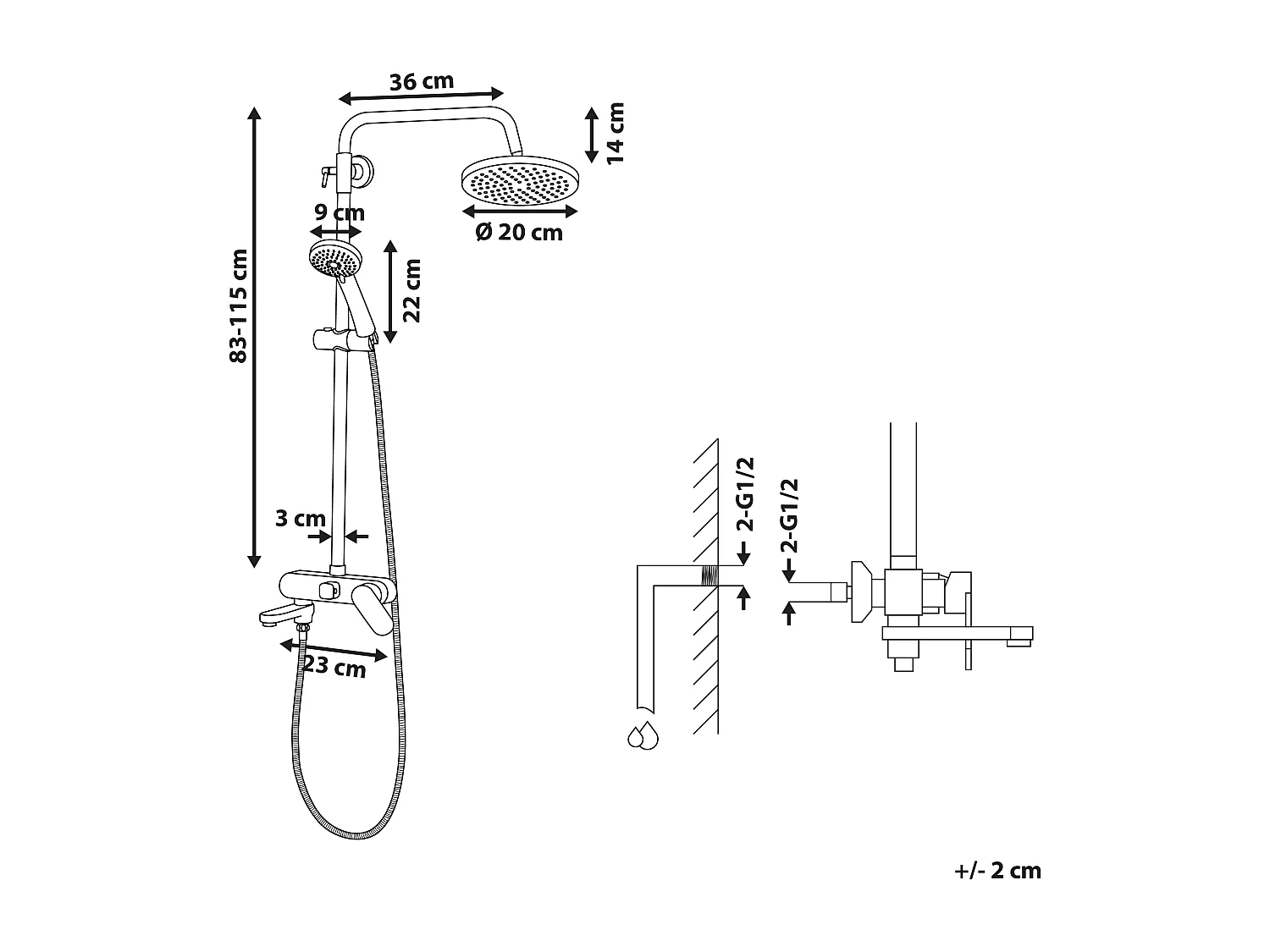 Ensemble de douche avec mitigeur et douche de pluie GURARA Doré