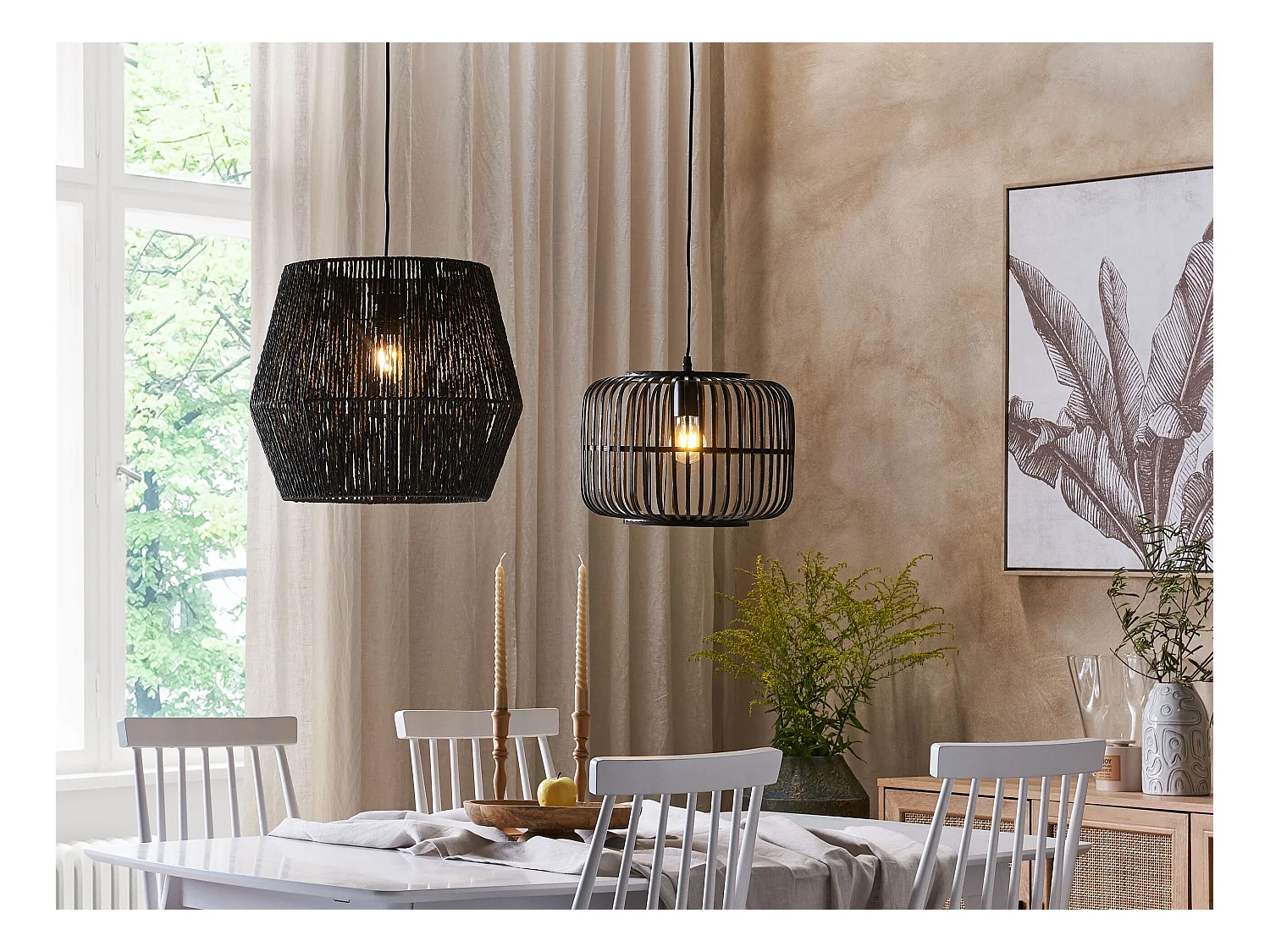 Lampe suspension GWERU Corde en papier Noir