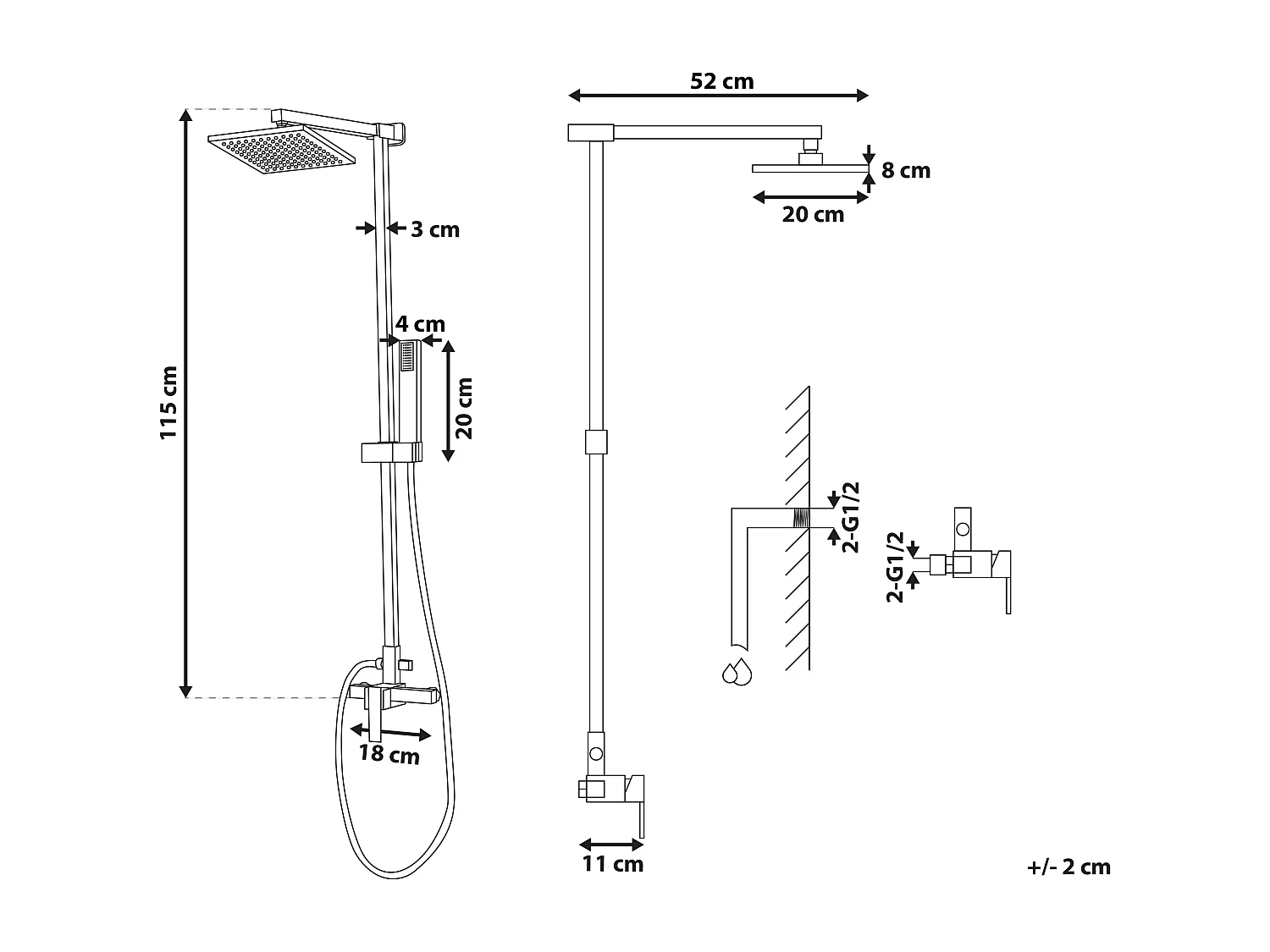 Praktisches Duschsystem mit Kopf und Handbrause schwarz 115 cm Tagbo