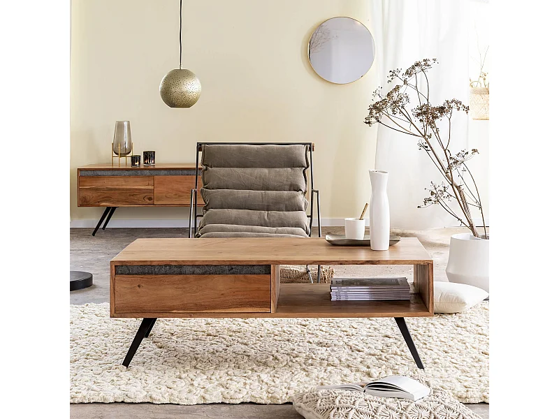 Mesa de centro de madera de acacia y piedra Yvan con almacenamiento