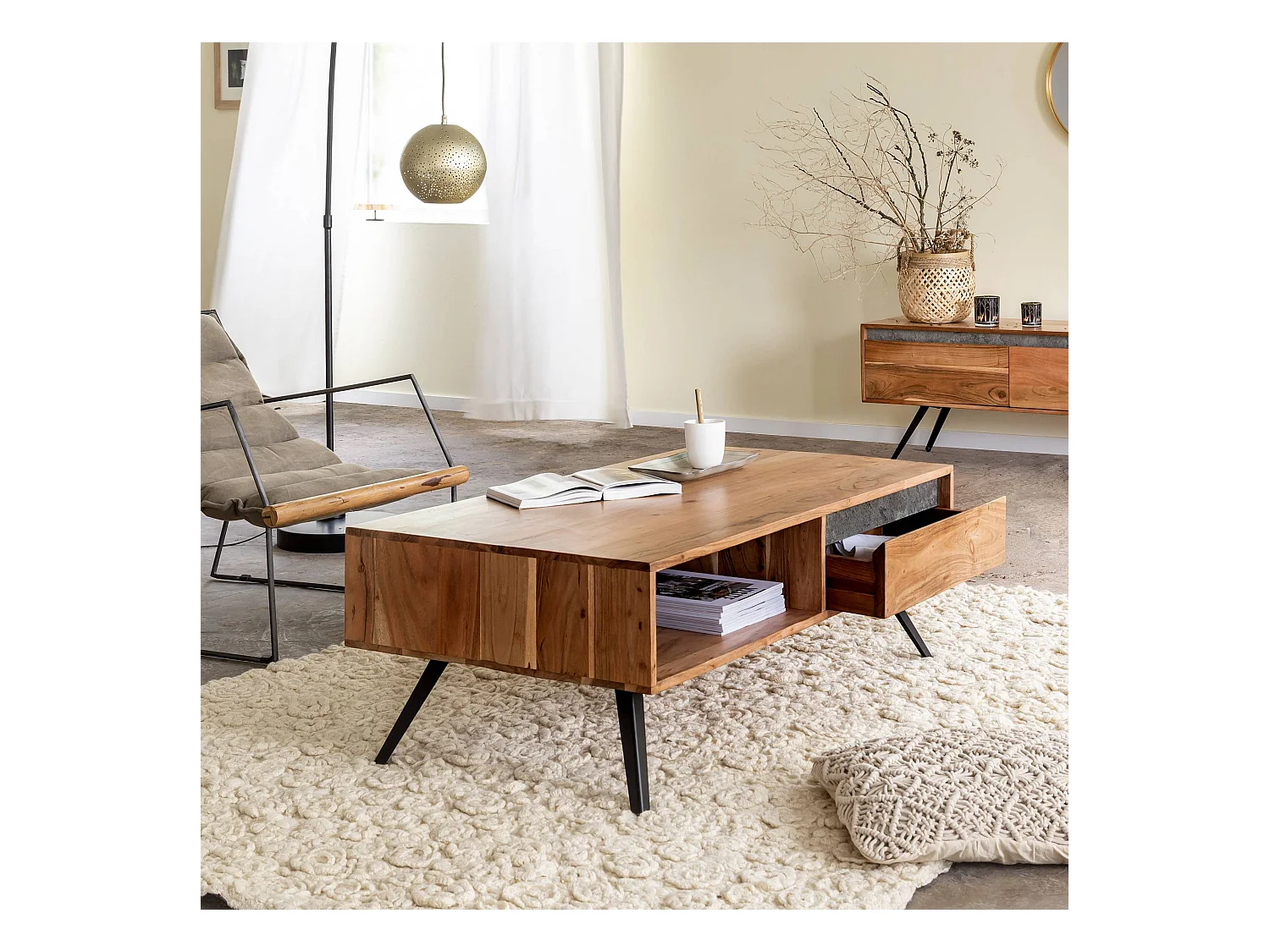 Table basse en bois d'acacia et pierre Yvan