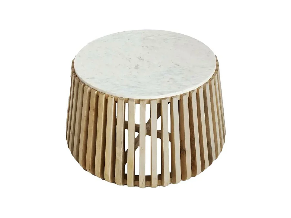 Table basse ronde en bois de manguier et marbre blanc Moana