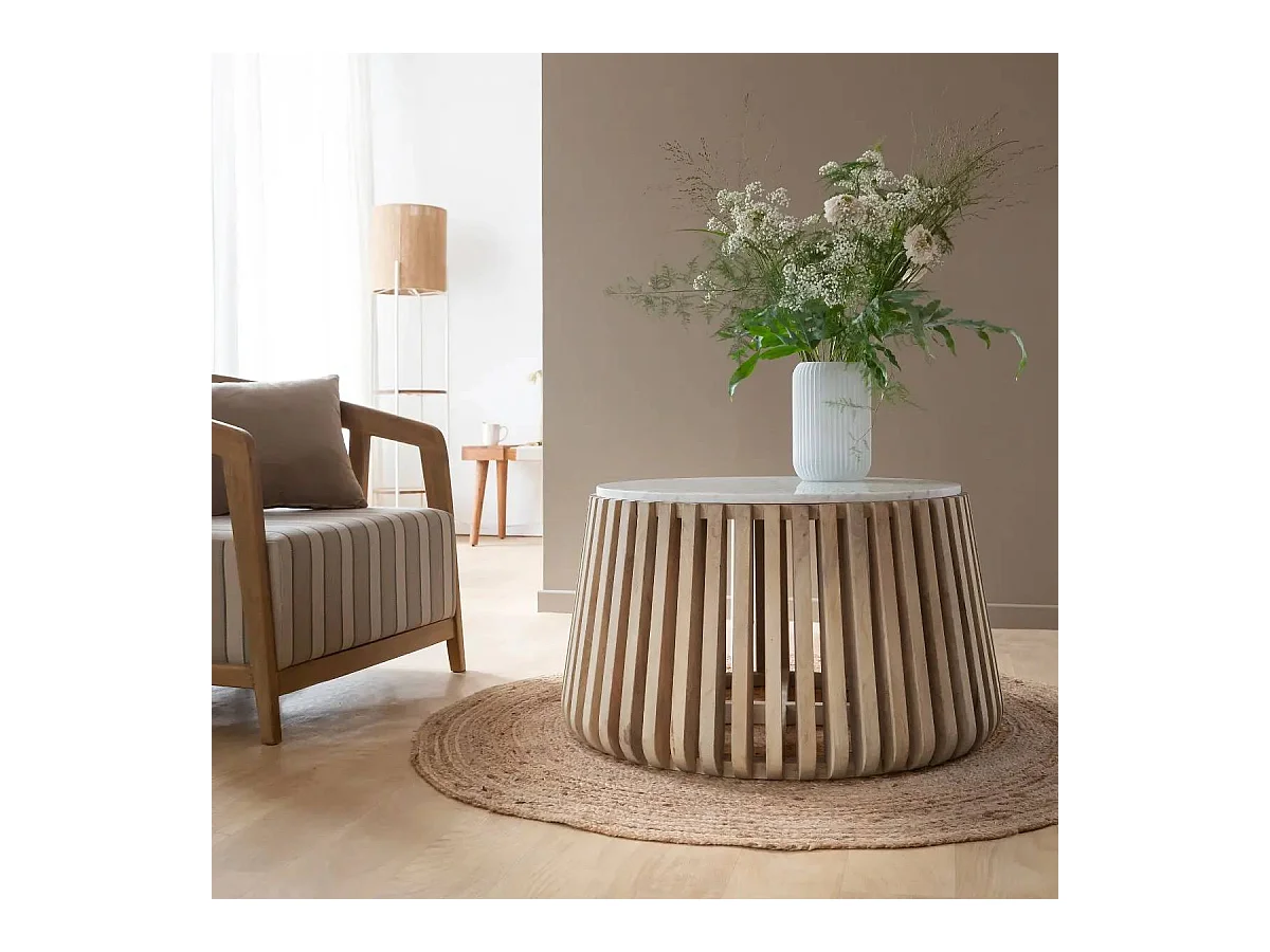 Table basse ronde en bois de manguier et marbre blanc Moana