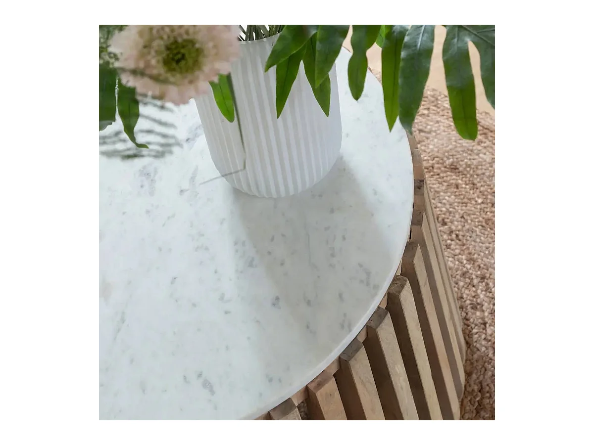 Table basse ronde en bois de manguier et marbre blanc Moana