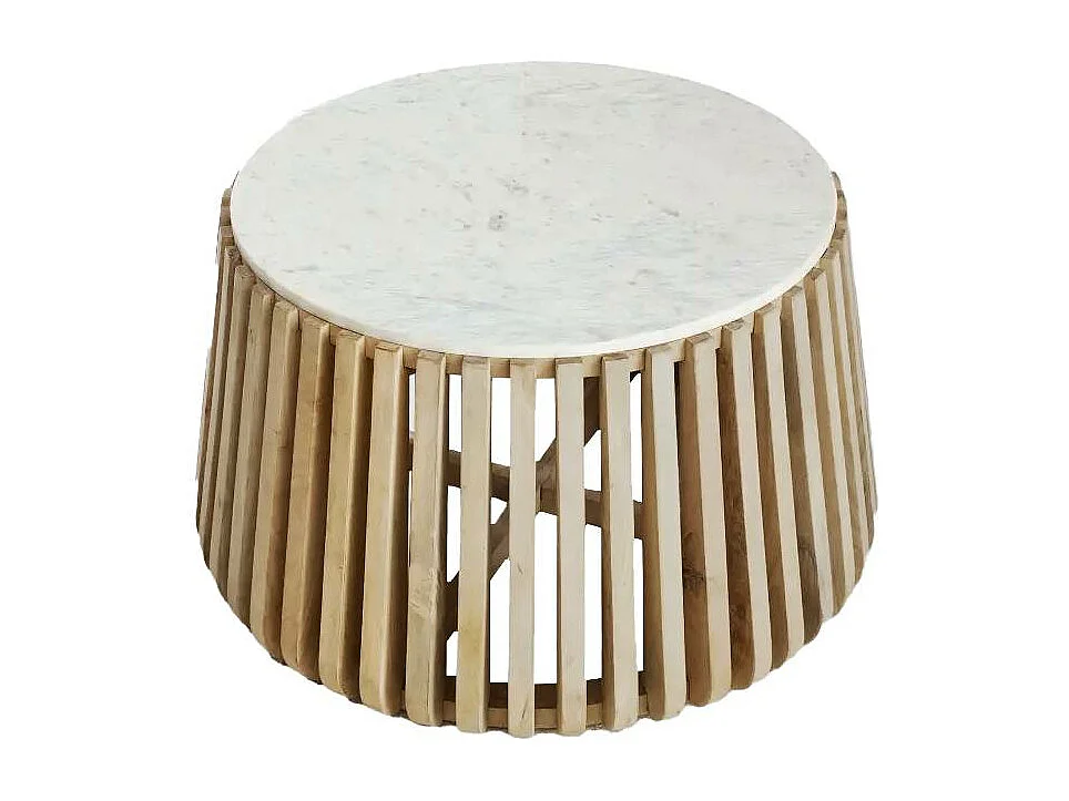 Mesa de centro redonda de madera de mango y mármol blanco Naxos con almacenamiento