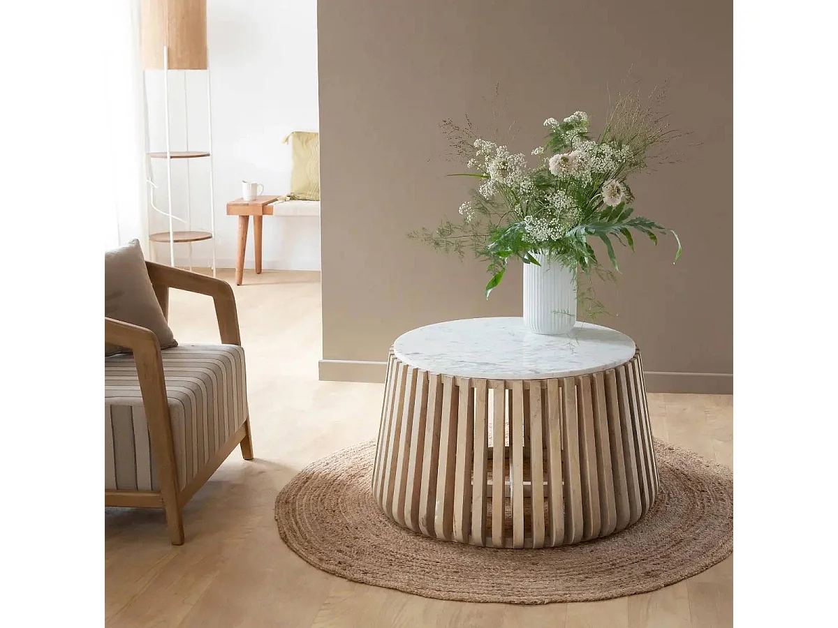 Mesa de centro redonda de madera de mango y mármol blanco Naxos con almacenamiento