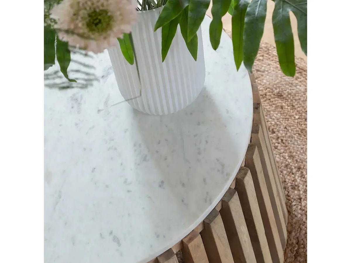 Mesa de centro redonda de madera de mango y mármol blanco Naxos con almacenamiento