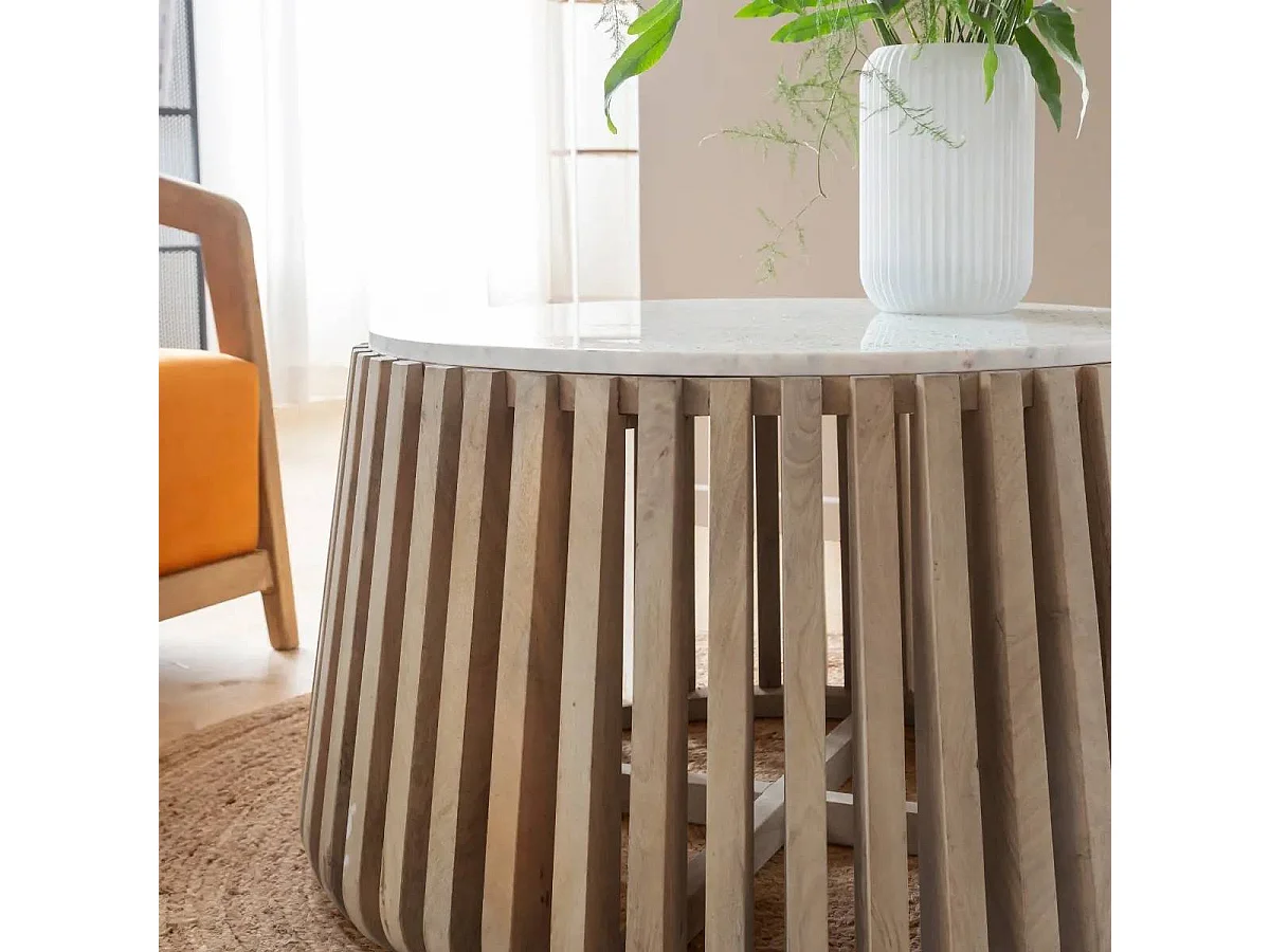 Mesa de centro redonda de madera de mango y mármol blanco Naxos con almacenamiento