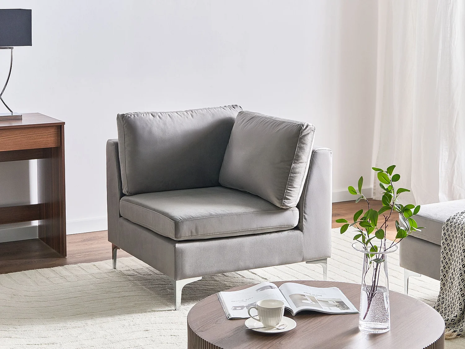 Modul Ecksessel aus Samtstoff Grau quadratisch mit Rückenkissen Glamour Evja