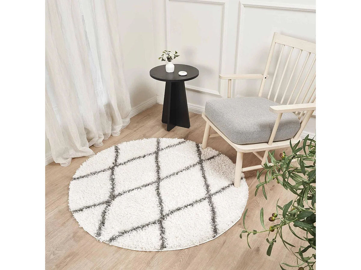 Tapis berbère rond Ø120cm tissé motif ethnic LYN4 BENYLE A crème