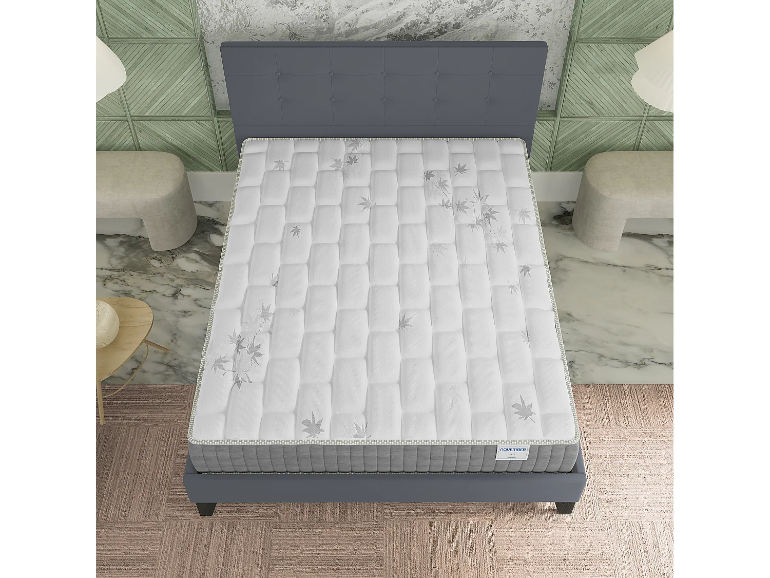 Ensemble 140x200 cm, lit avec tête de lit + matelas ressorts ensachés, ép. 25cm à mémoire de forme