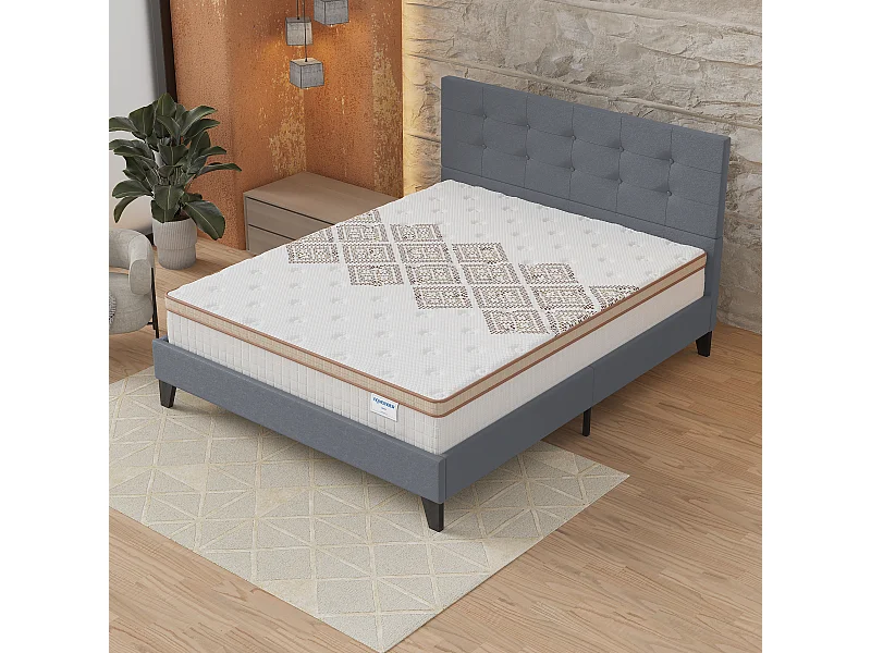 Ensemble matelas + lit 140x190 cm, matelas 28cm ressorts ensachés, accueil mousse, lit à tête de lit capitonnée similicuir gris