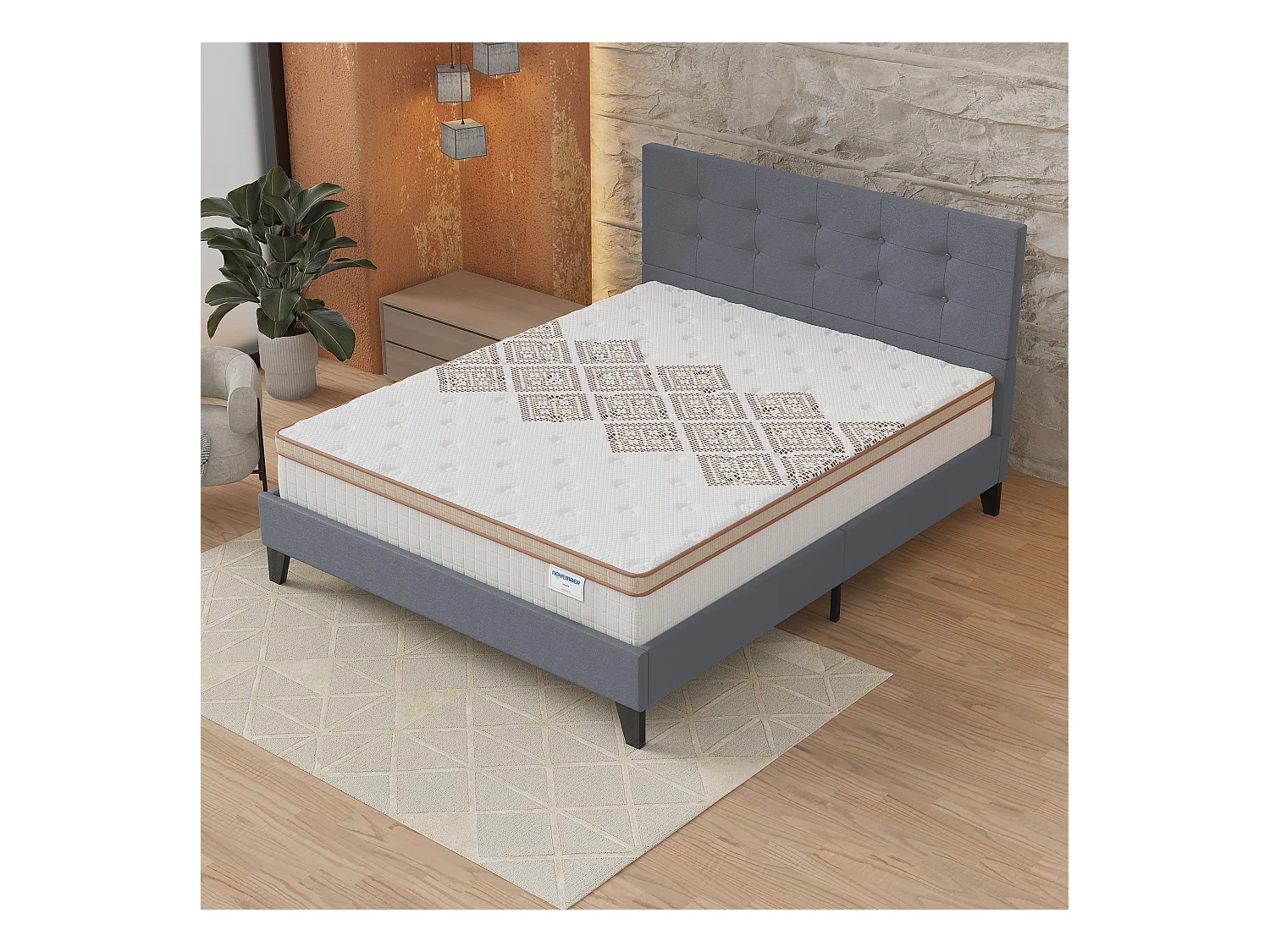 Ensemble matelas + lit 140x190 cm, matelas 28cm ressorts ensachés, accueil mousse, lit à tête de lit capitonnée similicuir gris