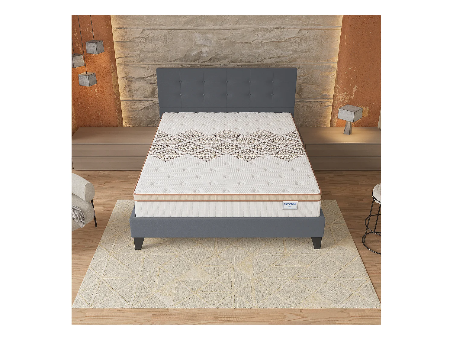 Ensemble matelas + lit 140x190 cm, matelas 28cm ressorts ensachés, accueil mousse, lit à tête de lit capitonnée similicuir gris