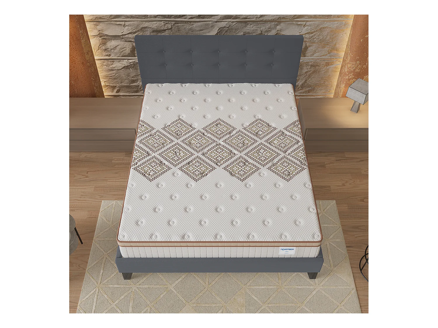 Ensemble matelas + lit 140x190 cm, matelas 28cm ressorts ensachés, accueil mousse, lit à tête de lit capitonnée similicuir gris