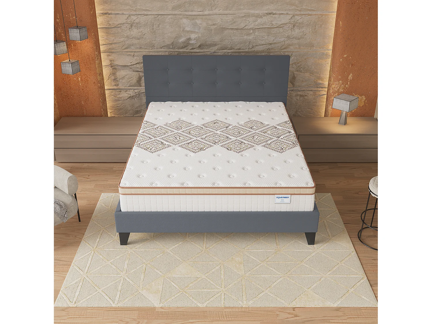Ensemble matelas + lit 140x190 cm, matelas 28cm ressorts ensachés, accueil mousse, lit à tête de lit capitonnée similicuir gris