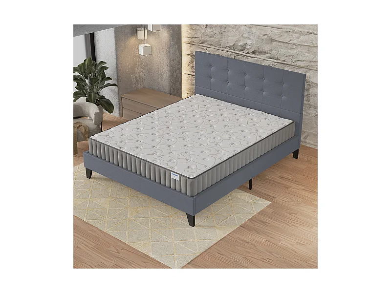 Ensemble matelas + lit 140x190 cm, matelas 16cm mousse + mémoire de forme, lit à tête de lit capitonnée similicuir gris