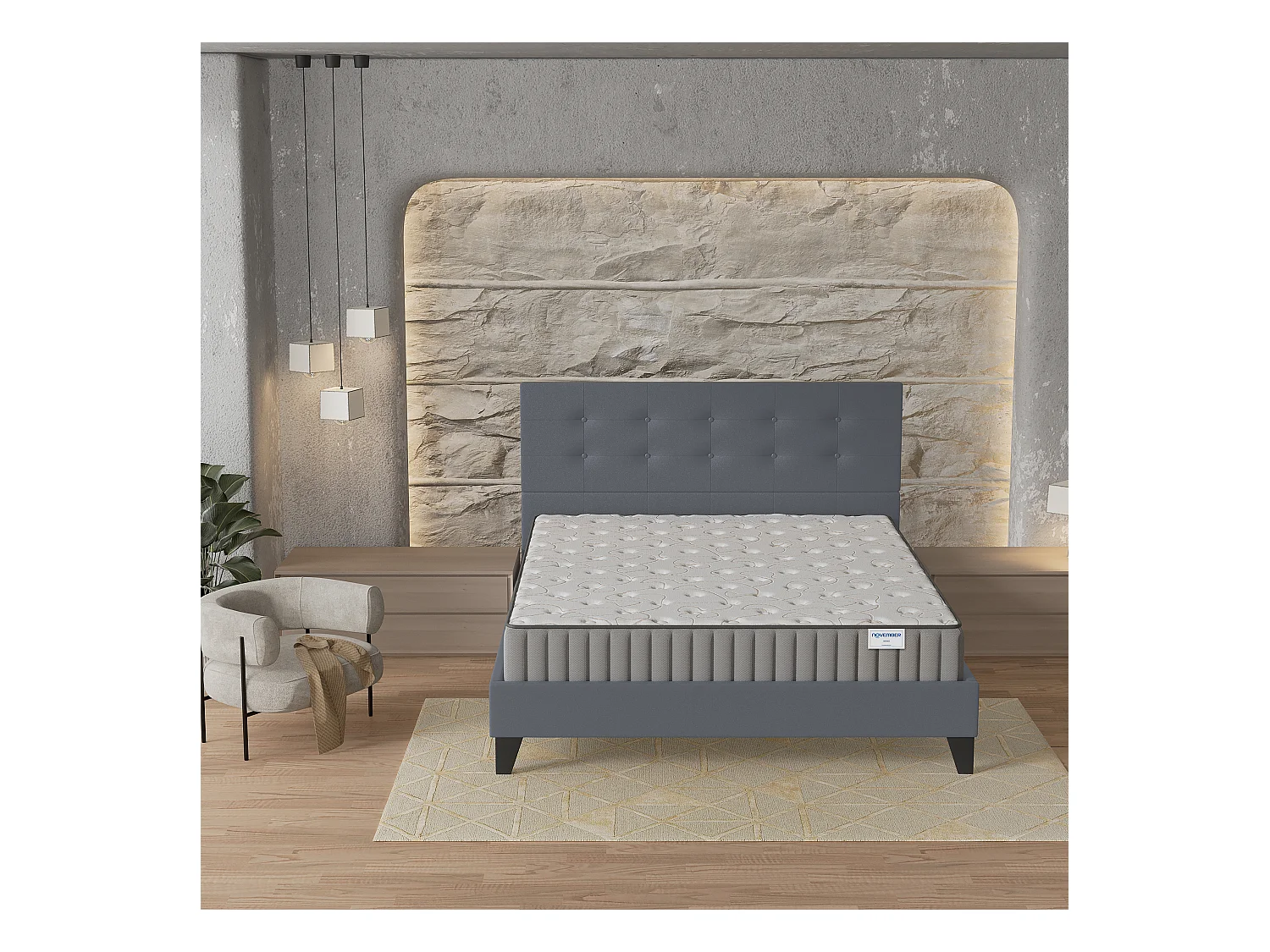Ensemble matelas + lit 140x190 cm, matelas 16cm mousse + mémoire de forme, lit à tête de lit capitonnée similicuir gris