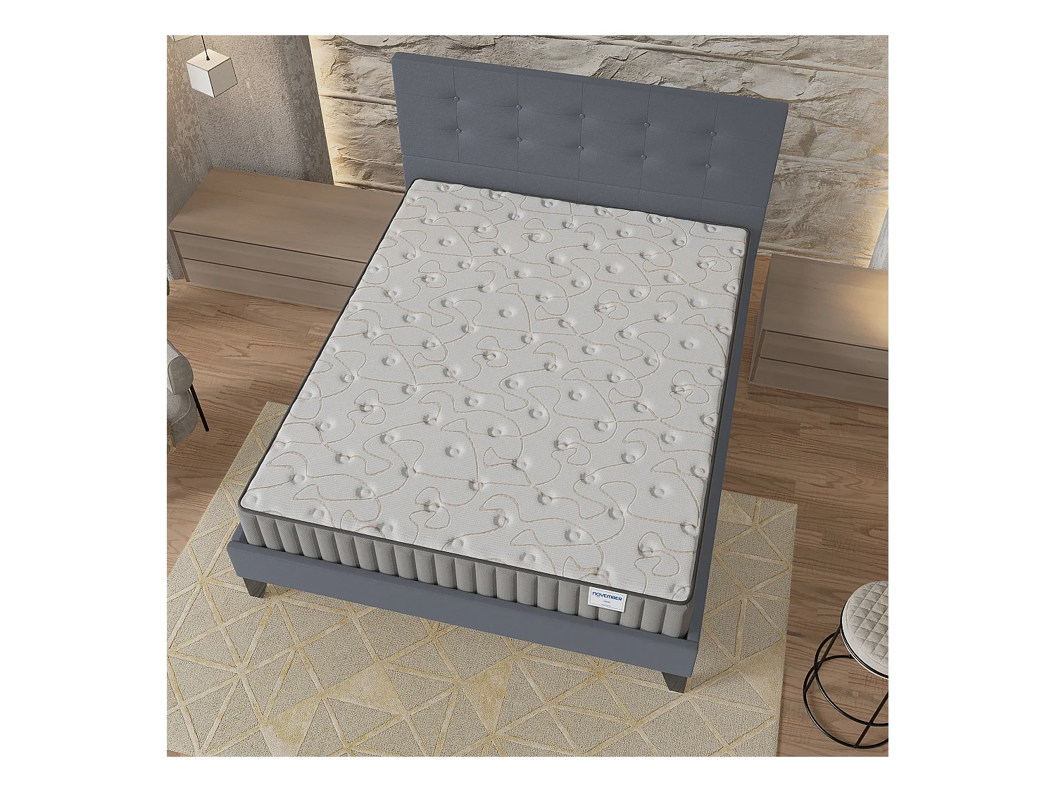 Ensemble matelas + lit 140x190 cm, matelas 16cm mousse + mémoire de forme, lit à tête de lit capitonnée similicuir gris