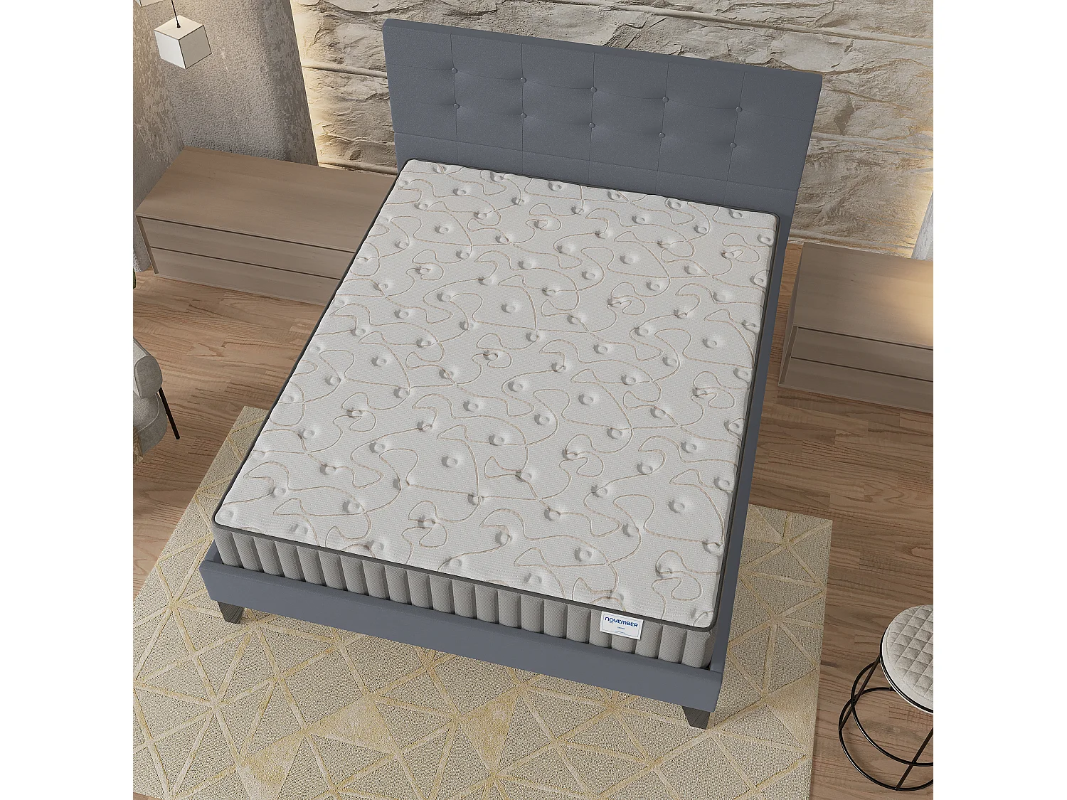 Ensemble matelas + lit 140x190 cm, matelas 16cm mousse + mémoire de forme, lit à tête de lit capitonnée similicuir gris