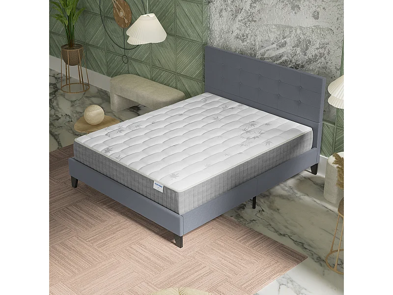 Ensemble 140x190 cm, lit avec tête de lit + matelas ressorts ensachés, ép. 25cm à mémoire de forme