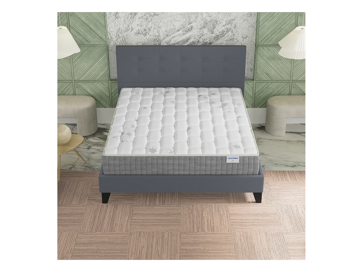 Ensemble 140x190 cm, lit avec tête de lit + matelas ressorts ensachés, ép. 25cm à mémoire de forme