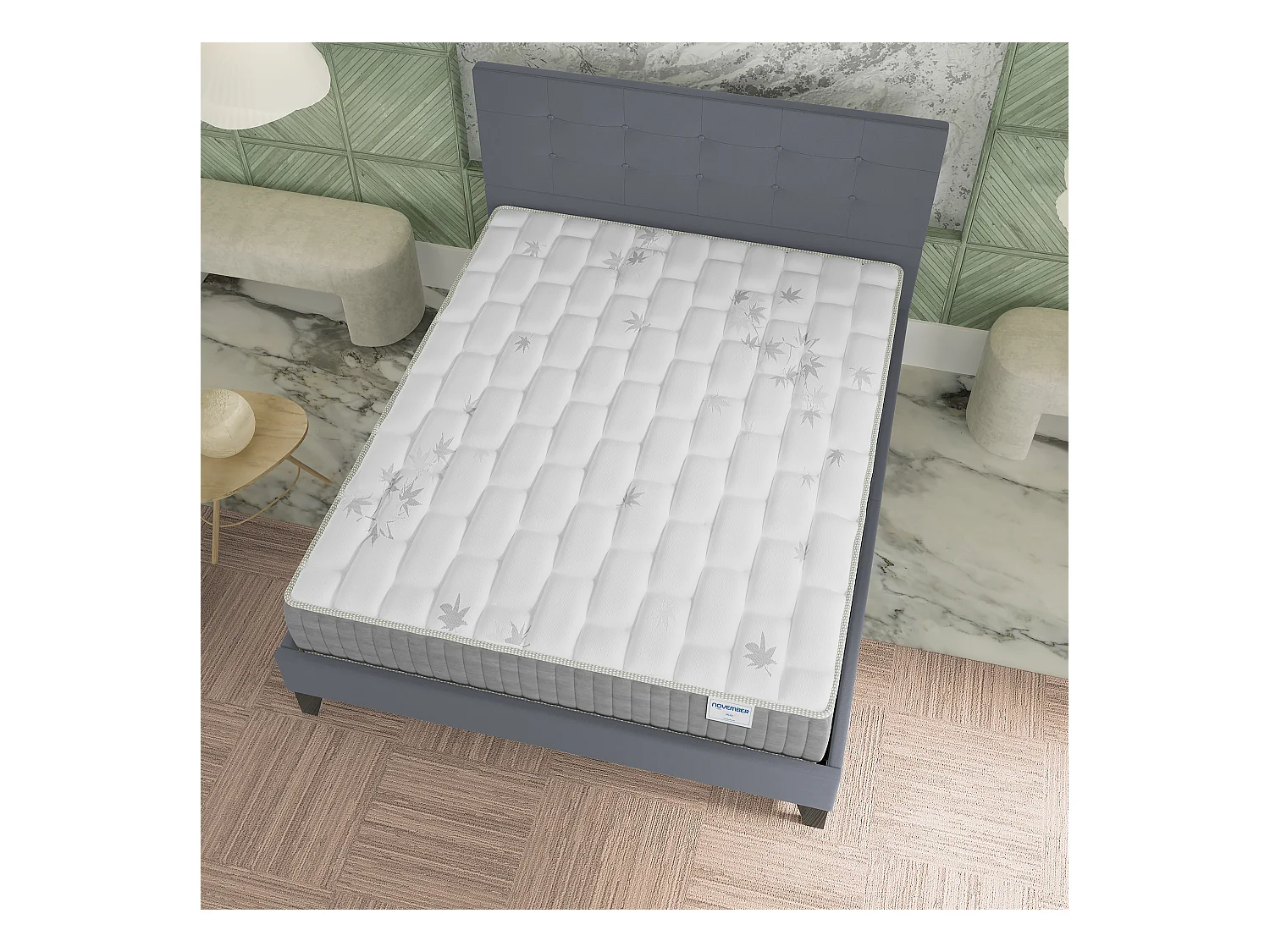 Ensemble 140x190 cm, lit avec tête de lit + matelas ressorts ensachés, ép. 25cm à mémoire de forme