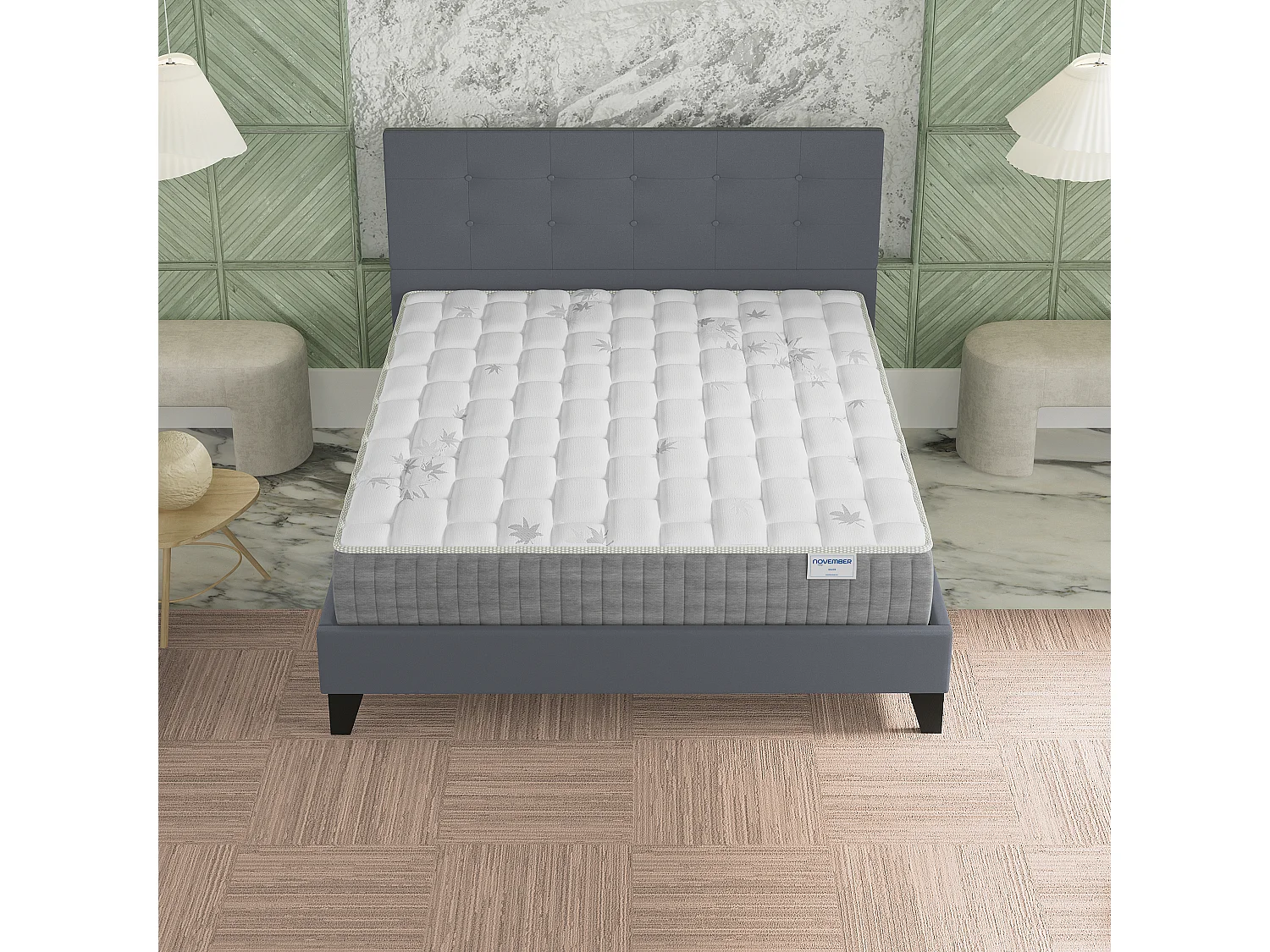 Ensemble 140x190 cm, lit avec tête de lit + matelas ressorts ensachés, ép. 25cm à mémoire de forme