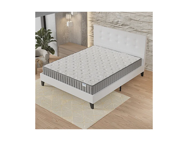 Ensemble matelas + lit 140x190 cm, matelas 22cm mousse + mémoire de forme, lit à tête de lit capitonnée similicuir blanc