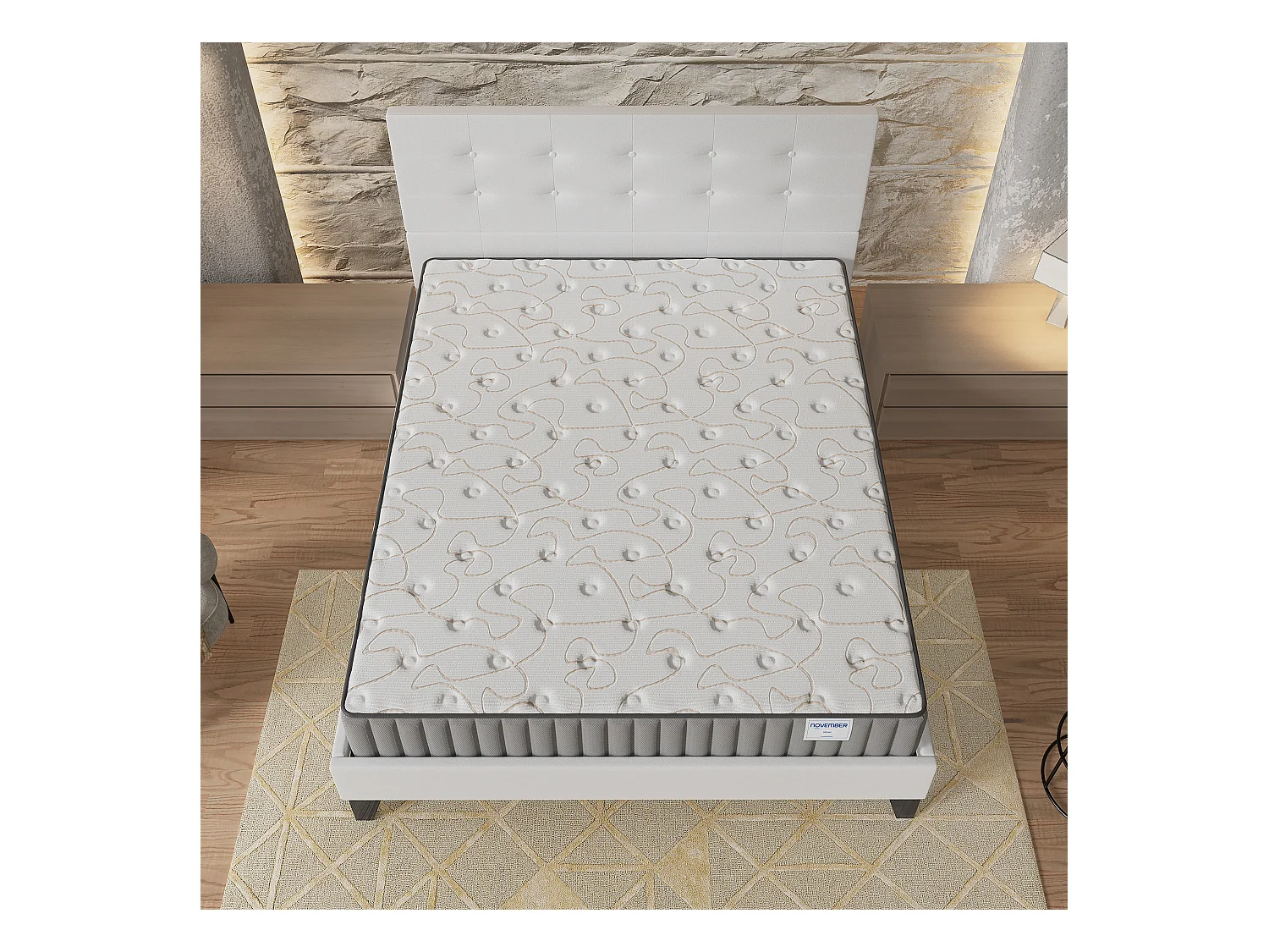Ensemble matelas + lit 140x190 cm, matelas 22cm mousse + mémoire de forme, lit à tête de lit capitonnée similicuir blanc