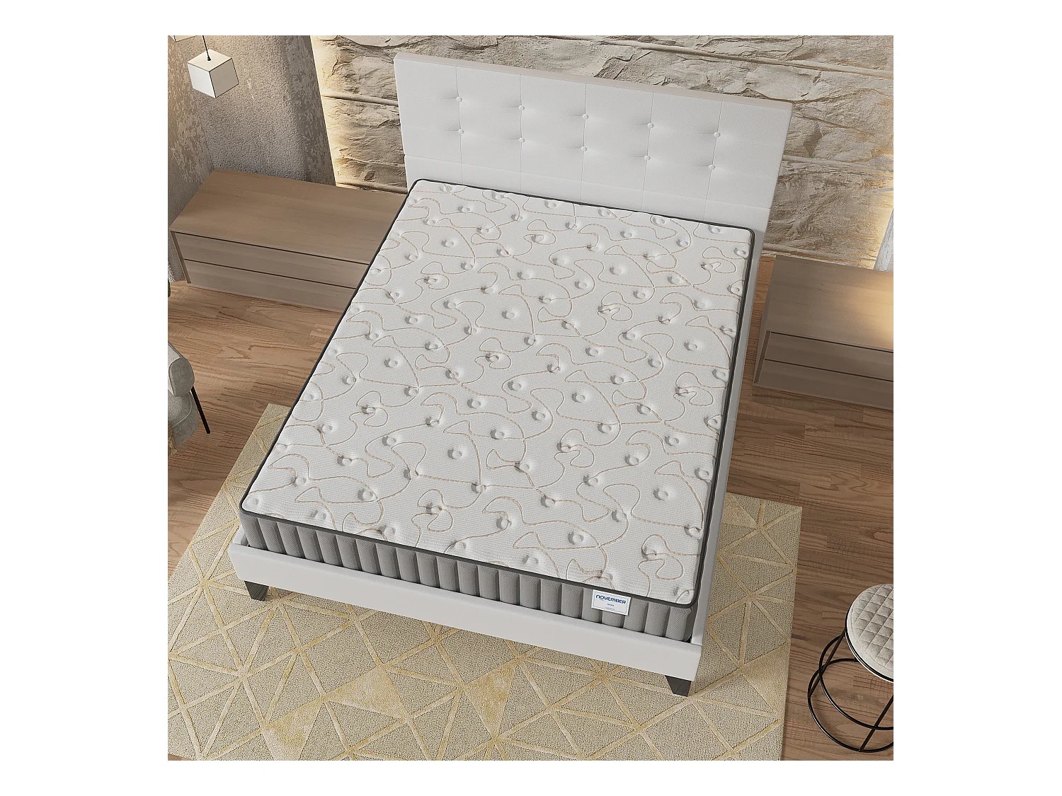 Ensemble matelas + lit 140x190 cm, matelas 22cm mousse + mémoire de forme, lit à tête de lit capitonnée similicuir blanc
