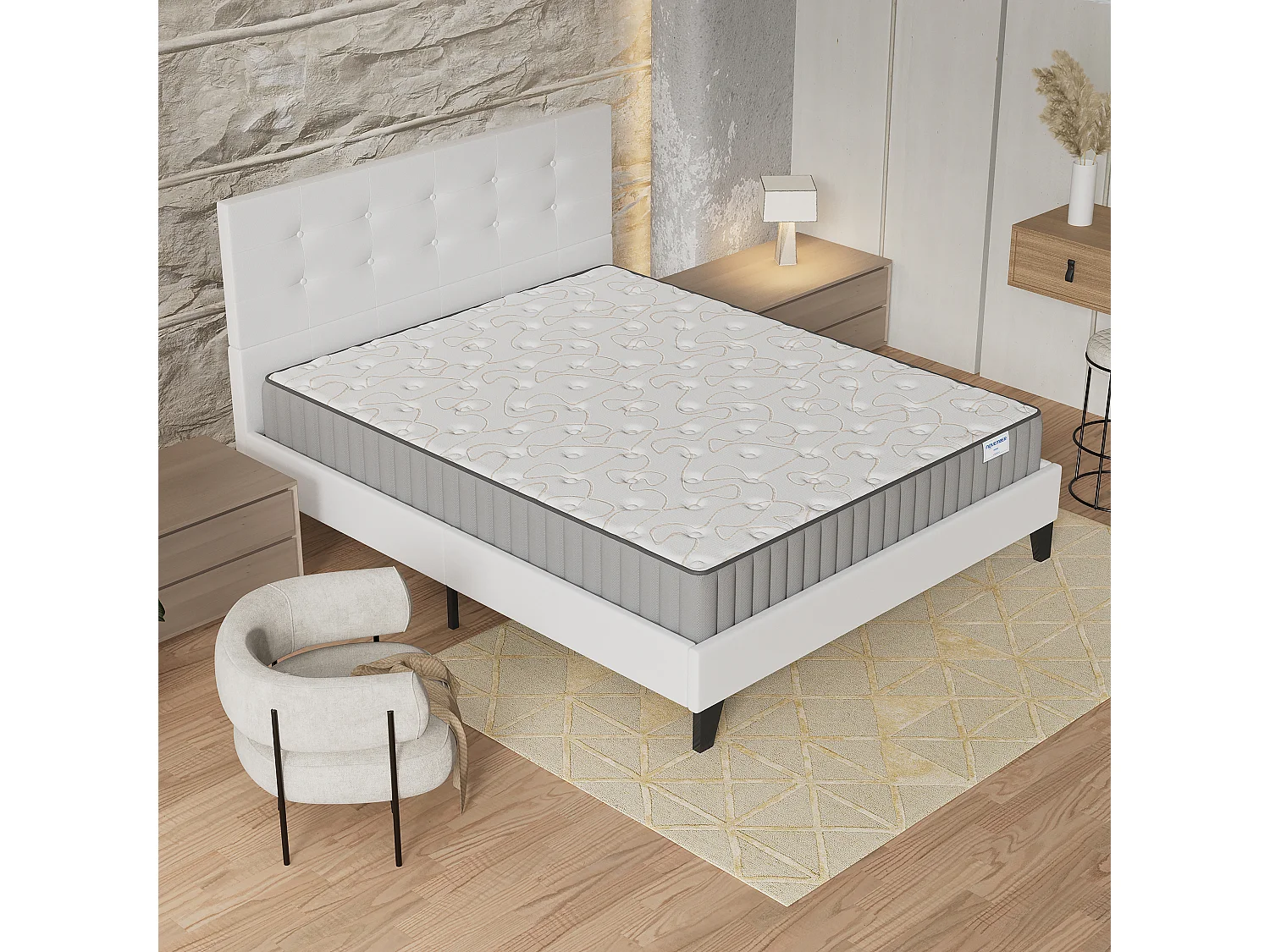 Ensemble matelas + lit 140x190 cm, matelas 22cm mousse + mémoire de forme, lit à tête de lit capitonnée similicuir blanc