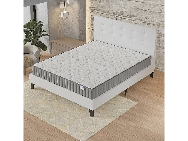 Ensemble matelas + lit 140x190 cm, matelas 22cm mousse + mémoire de forme, lit à tête de lit capitonnée similicuir blanc