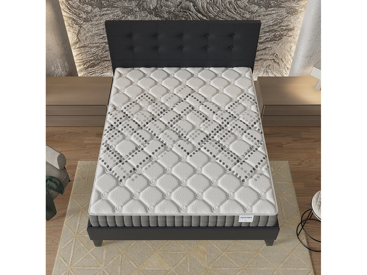 Ensemble 120x190 cm, lit avec tête de lit + matelas ressorts ensachés, ép.20cm accueil mousse HR