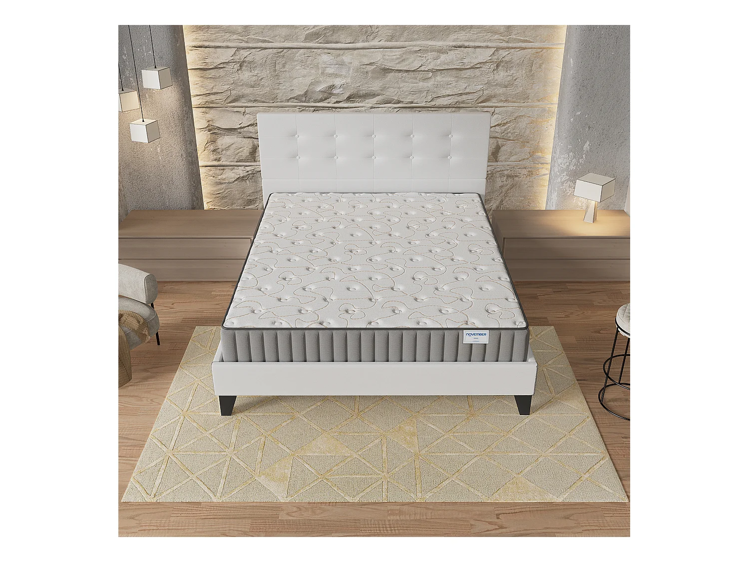 Ensemble matelas + lit 160x200 cm, matelas 22cm mousse + mémoire de forme, lit à tête de lit capitonnée similicuir blanc