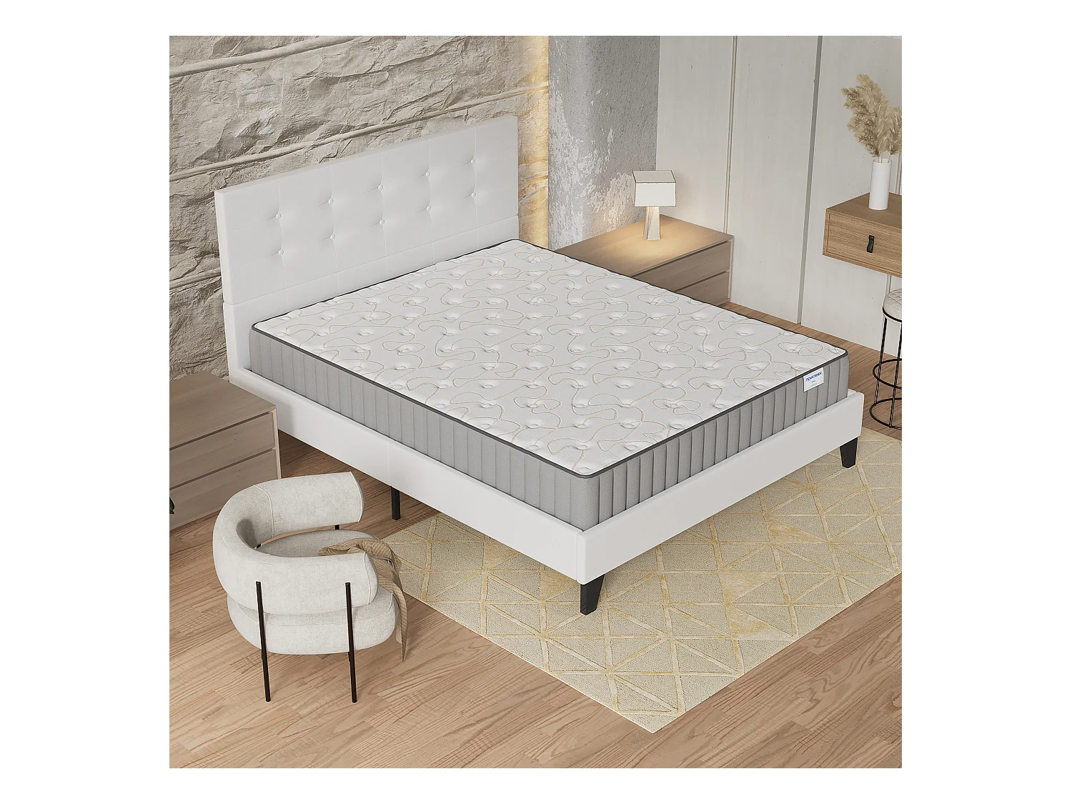 Ensemble matelas + lit 160x200 cm, matelas 22cm mousse + mémoire de forme, lit à tête de lit capitonnée similicuir blanc
