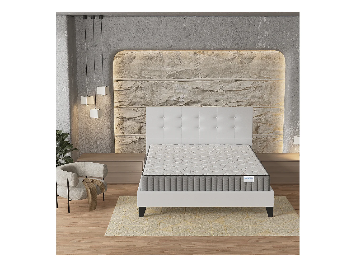 Ensemble matelas + lit 160x200 cm, matelas 22cm mousse + mémoire de forme, lit à tête de lit capitonnée similicuir blanc