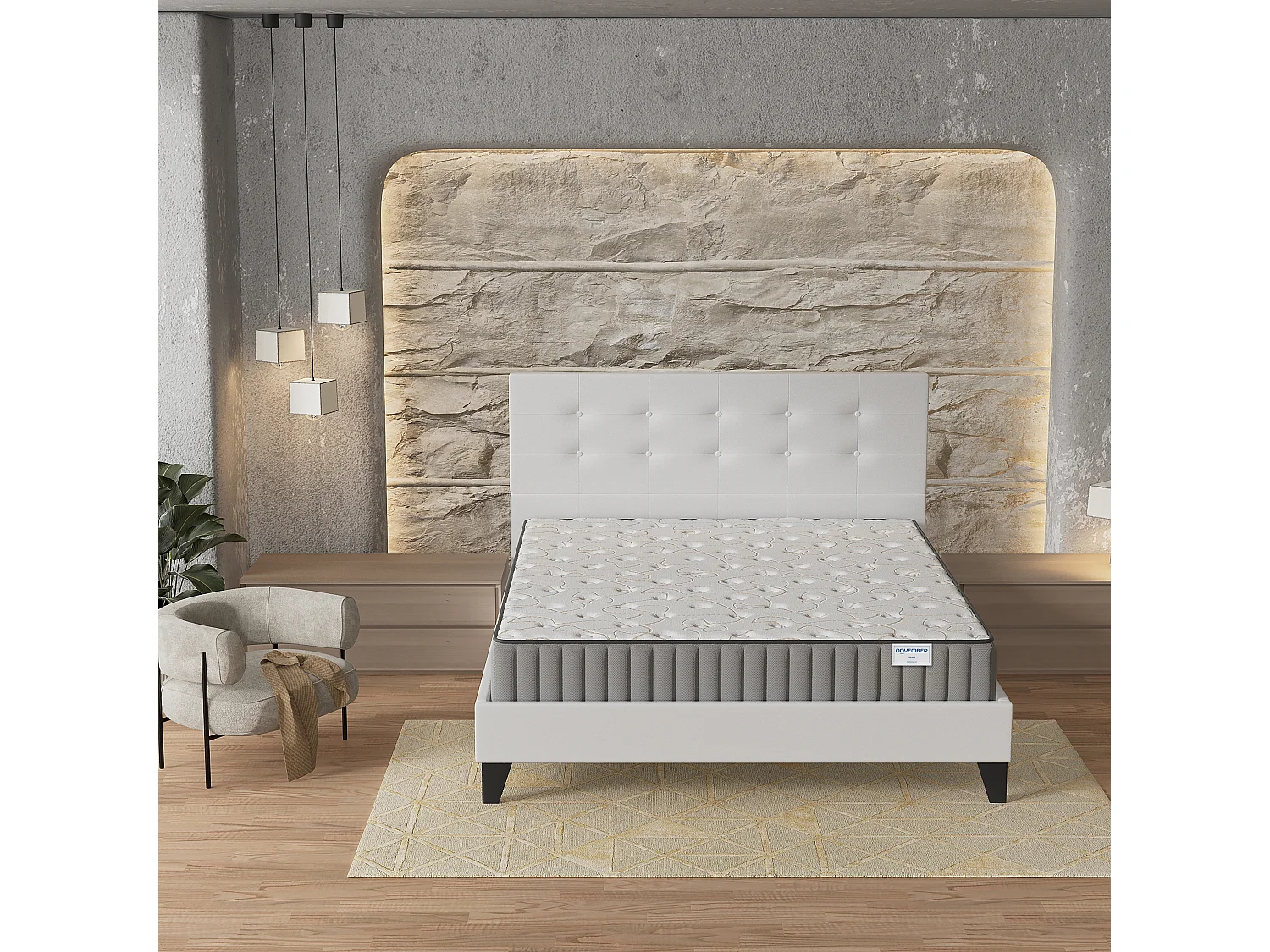 Ensemble matelas + lit 160x200 cm, matelas 22cm mousse + mémoire de forme, lit à tête de lit capitonnée similicuir blanc