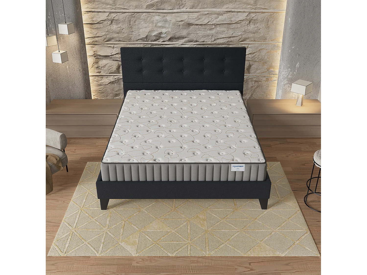 Ensemble Matelas + lit 120x190 cm, Matelas 22cm mousse + mémoire de forme, lit à tête de lit capitonnée similicuir noir